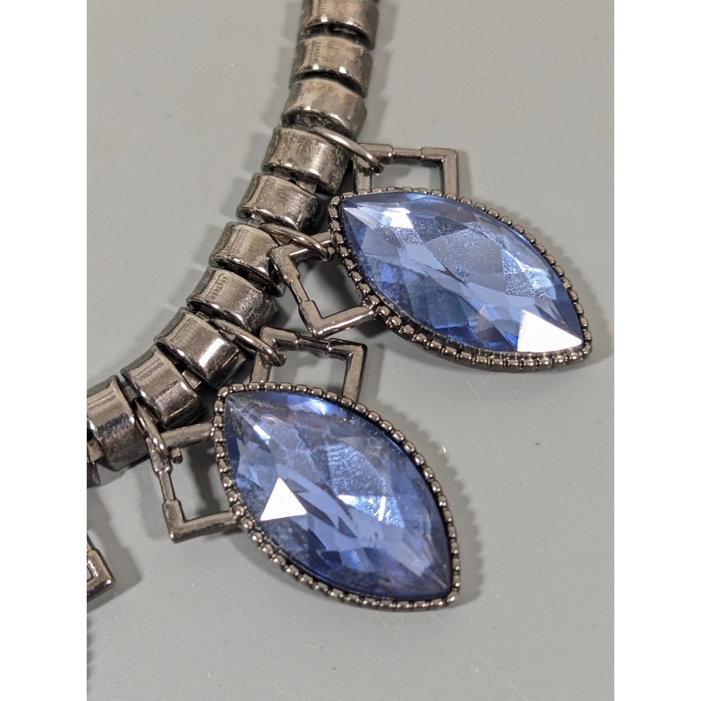 Blue Oval Rhinestone Charm Chain Statement Necklace Whimsigoth Bold‎ 21 in - Picture 4 of 9